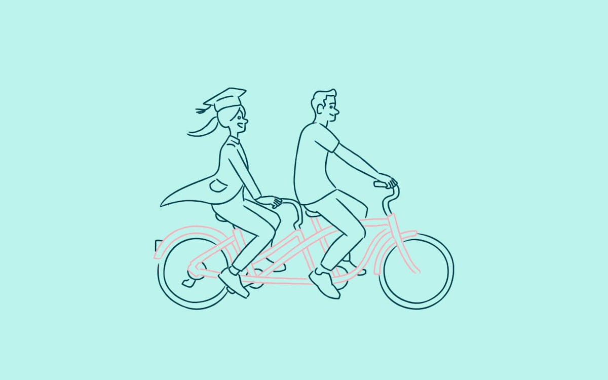 Ilustração de um homem e uma estudante andando numa bicicleta de dois lugares